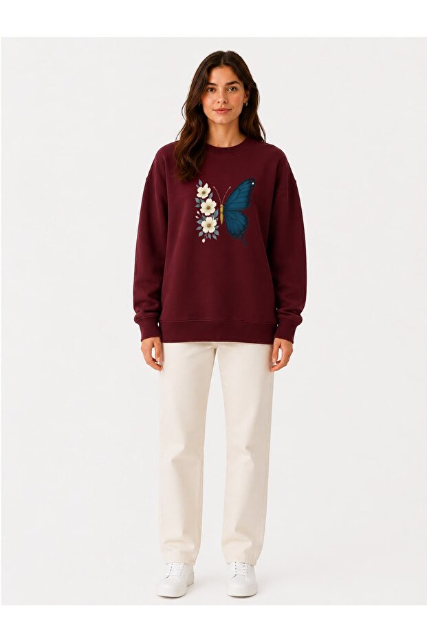 Butterfly Print Detailed Embroidered 2 Thread Crew Neck Sweatshirt