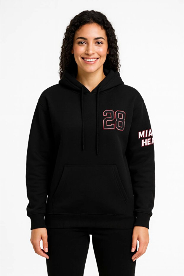 Three thread hooded front and back printed sweatshirt hoodie - black