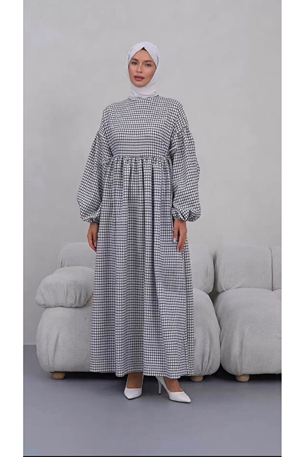 Black Gingham Patterned Seersucker Fabric Hijab Dress with Waist Tie