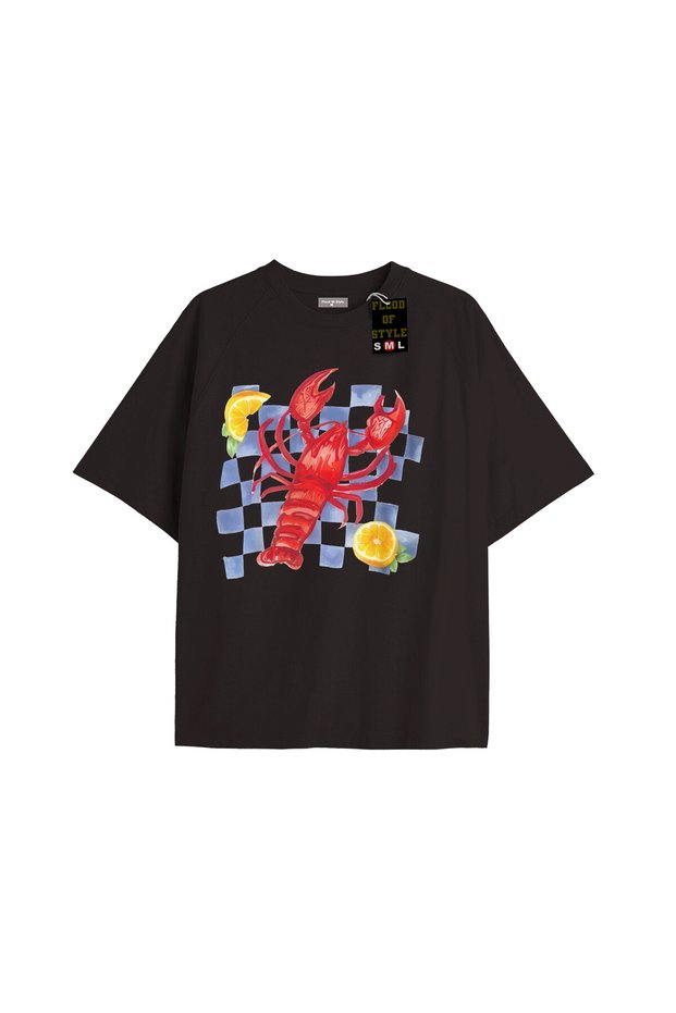 Women's Lobster Plaid Tshirt Tee Black White Printed