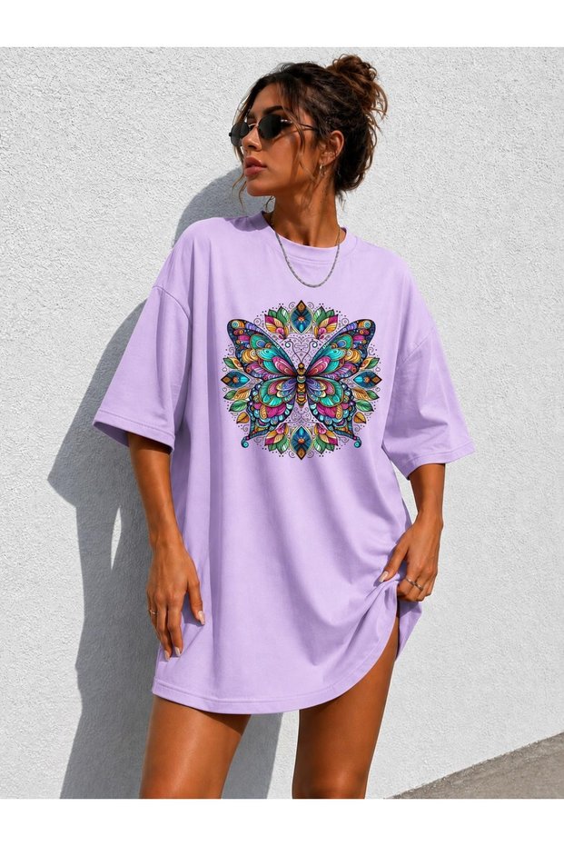 Women's Oversize Extra Long T-Shirt Colorful Artistic Mandala Figure Printed T-Shirt