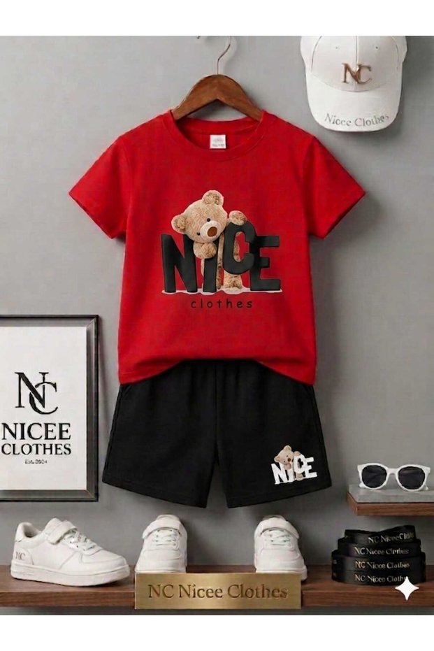 Summer Children's T-Shirt Shorts Unisex (Black with Nice Bear Print)