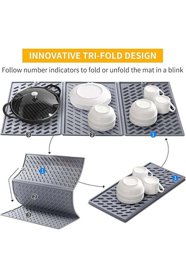 Collapsible Silicone Dish Drying Mat, Trifold Dish Large Drying Matfor Kitchen Counter, Compact & Ea