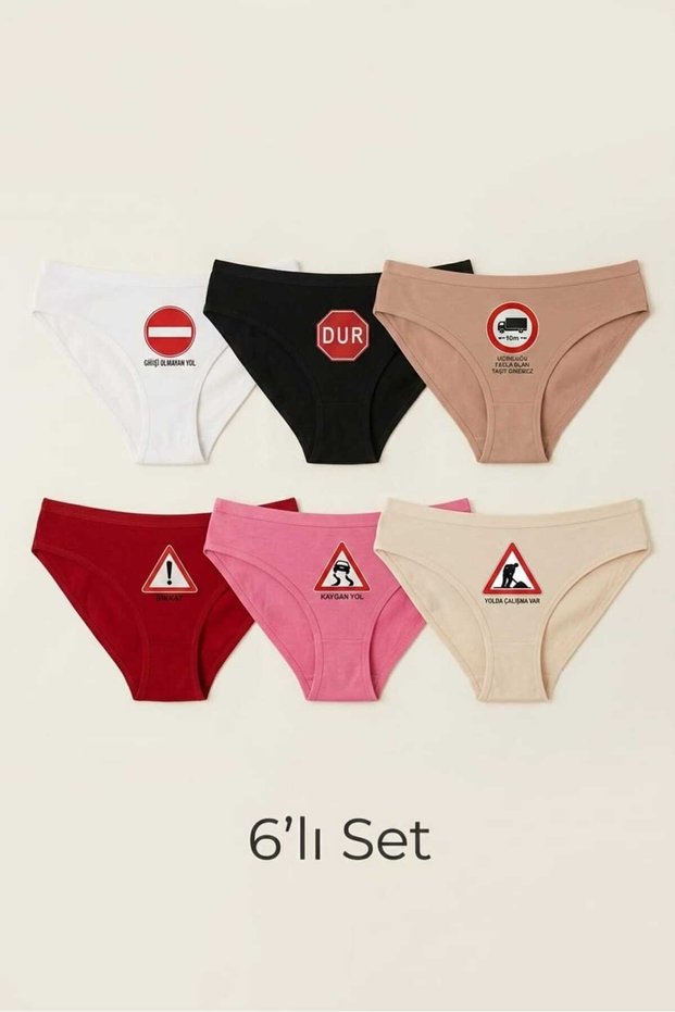 Women's 100% Cotton 6-Piece Set Fun Traffic Signs Printed Slip Panties - Humorous Casual Underwear Set - Size M/L Compatible