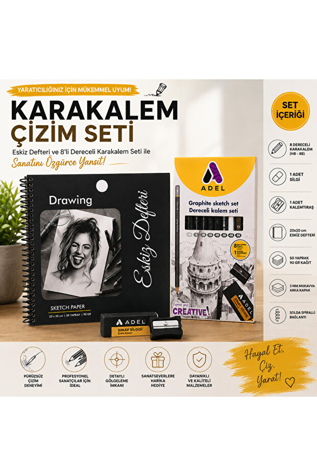 Professional Charcoal Drawing Set | 20X20 cm 50 Sheets Sketchbook + 8 Graded Drawing Pencils (Hb-8B) + Eraser + Pencil Sharpener | For Hobbies, Fine Arts, and Beginner Drawings