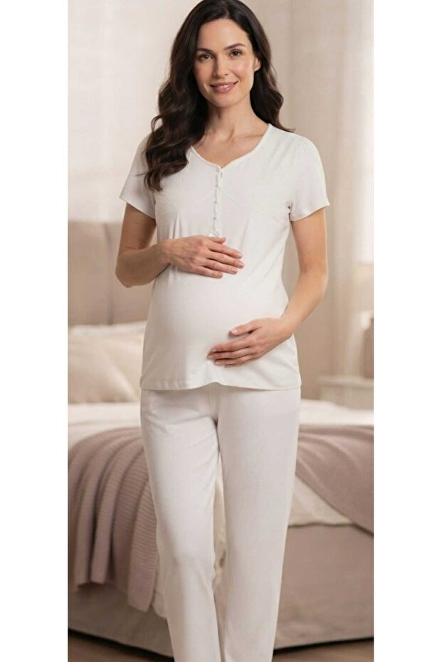 Cotton Maternity Pajama Set Ecru