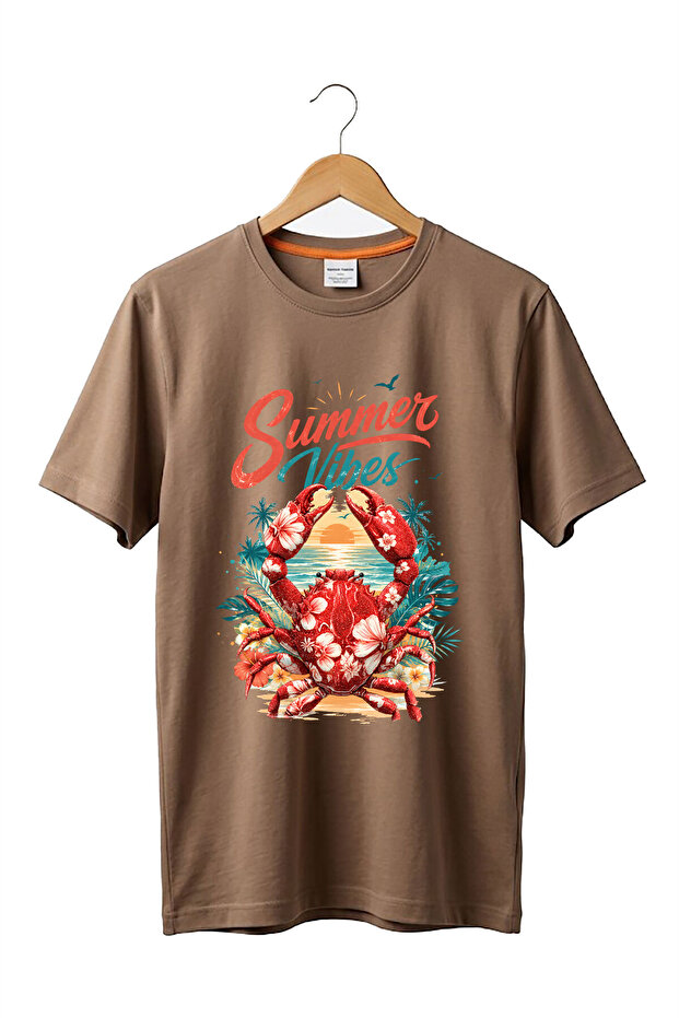 تي شيرت Summer Vibes مطبوع عليه سرطان البحر، مصنوع من القطن بنسبة 100%، ذو قصة عادية وياقة دائرية، تي شيرت أساسي