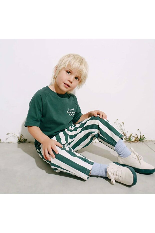 Unisex Green and White Striped Balloon Pants – Comfortable Fit Children's Pants with Elastic Waist
