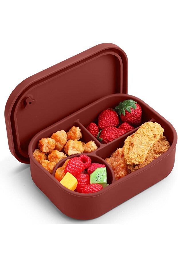 4-compartment silicone lunch box, 25 oz leak-proof container, oven, dishwasher, and freezer safe, BPA-free, for travel (dark red).