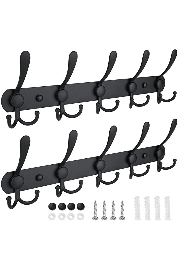 Wall-Mounted Coat Rack Five Heavy-Duty Three-Hook All-Metal Construction for Jackets Hoods Entrance Mud House Matte Black 2 Packs