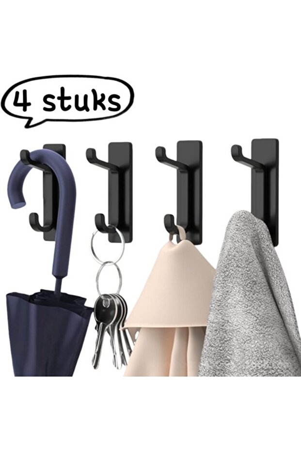 Four-piece coat hook set - Bathroom hooks, made of 304 stainless steel - Door coat hooks (no drilling required, self-adhesive backing) - Black