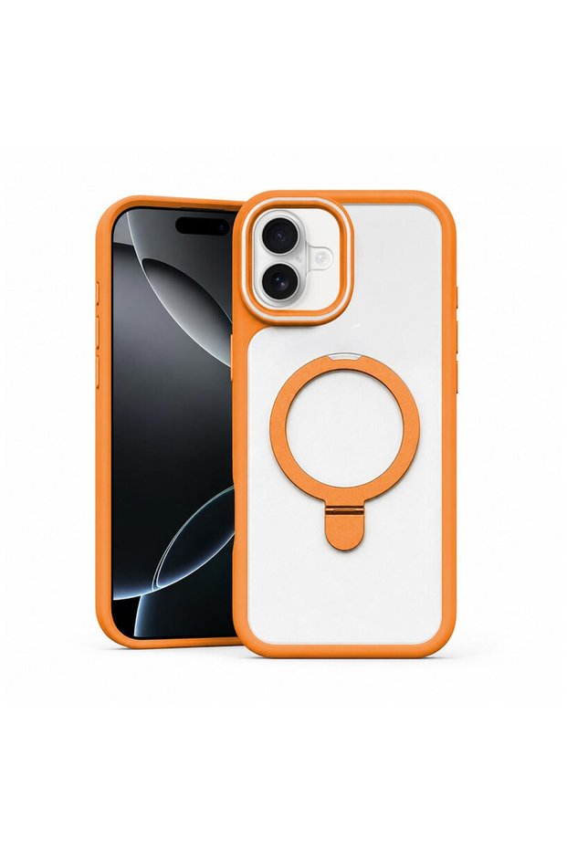 Apple iPhone 16 Plus Compatible Case with Magring Stand Silicone Case Orange
