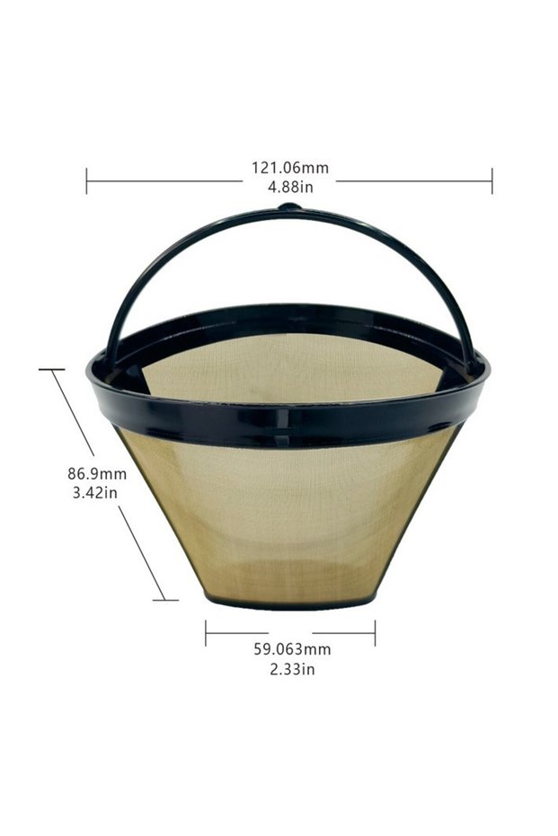 Two reusable coffee filters, enough to filter 8-12 cups of coffee, made of black plastic.