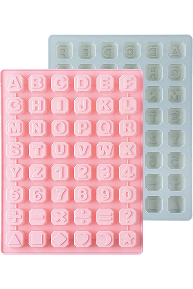 Two silicone chocolate number molds, non-stick coated, containing 26 letters and numbers.