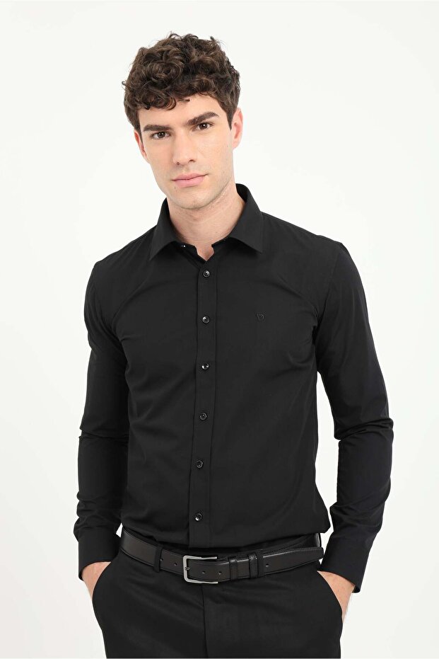 Men's Slim Fit Long Sleeve Black Shirt