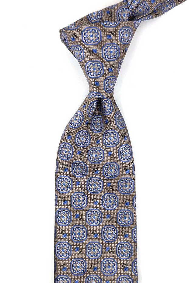 Beige Motif Patterned Classic Tie with Handkerchief Kk13951