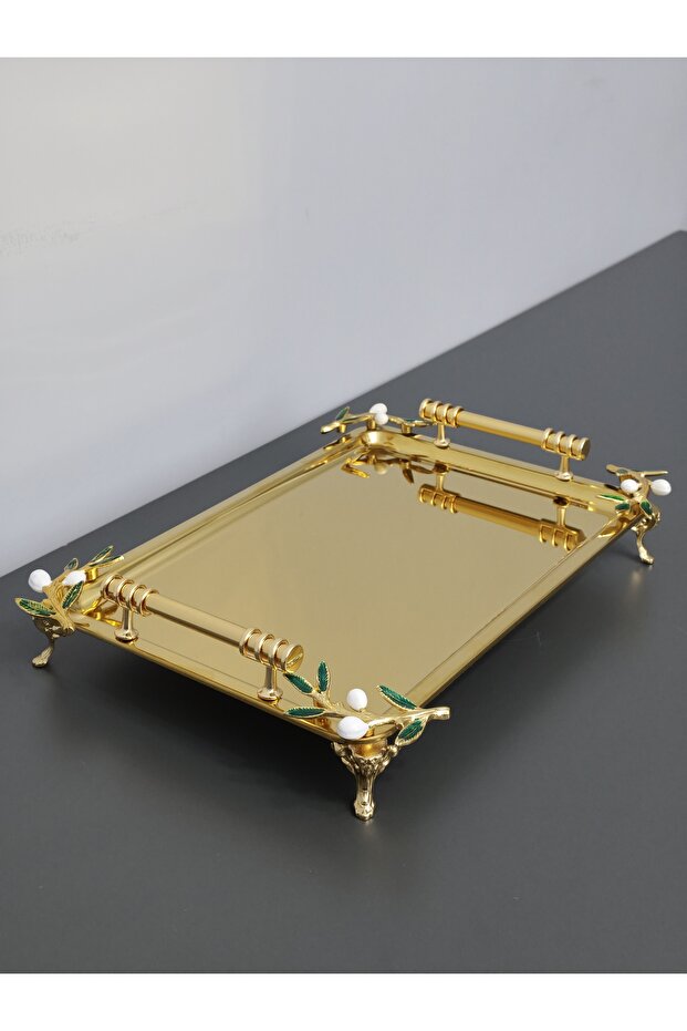 صينية مستطيلة من الفولاذ المقاوم للصدأ مع مقبض معدني، صينية تقديم فاخرة بلون ذهبي فاتح