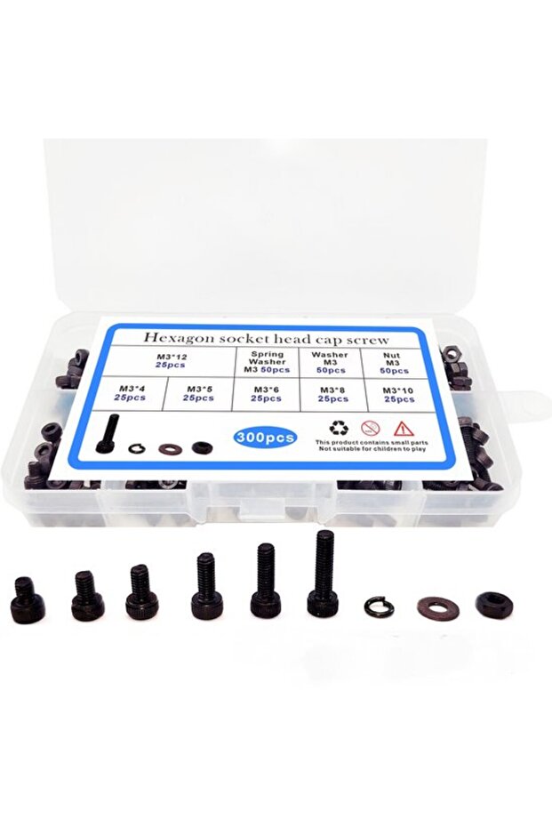 Assortment Box - Bolts - 300-Piece Black Cutting Head Cylindrical Bolts, Flat Nuts and Washers Set, M3 Internal Hexagonal Bolts
