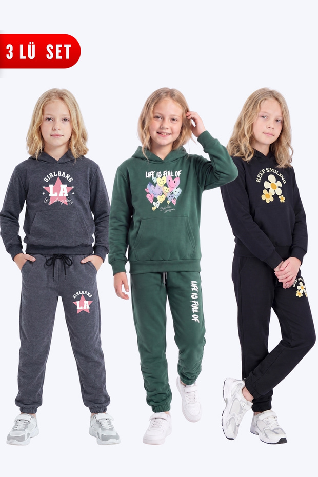 Girl's 3-Piece Printed Kangaroo Pocket Hooded Tracksuit Set