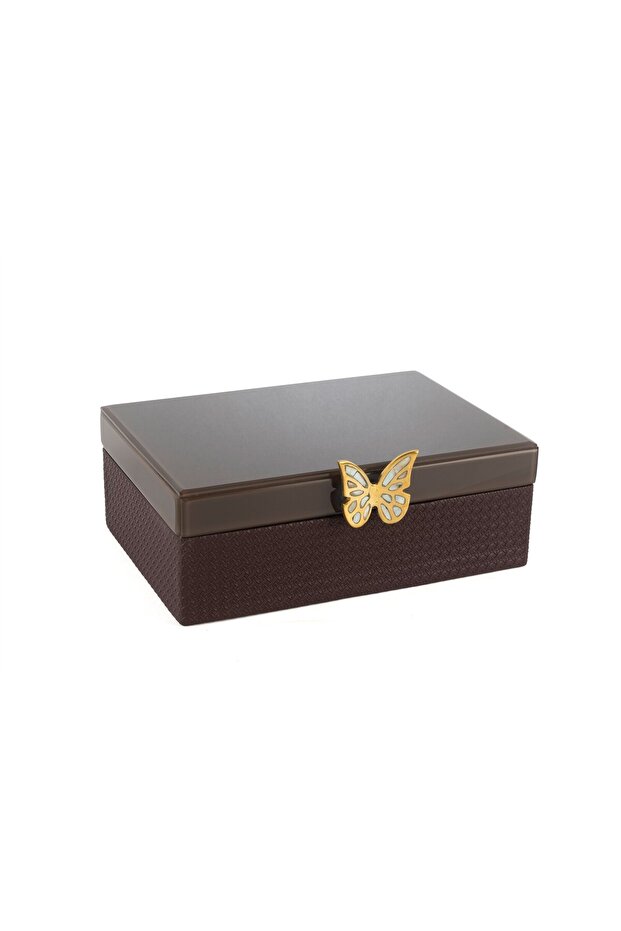 Acı Kahve Gold Leather Box with Butterfly Figure 30X23X12Cm