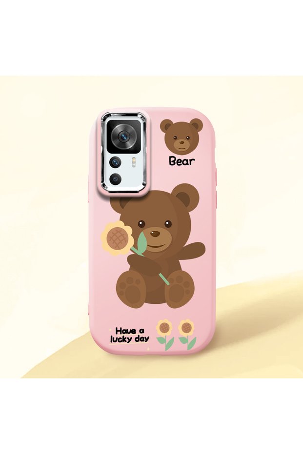 Redmi K50 Ultra Compatible Case Camera Protector Pink Silicone Couple Phone Case with Bear Pattern