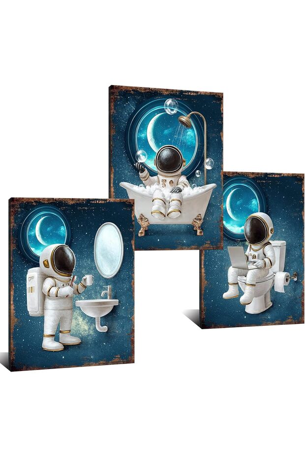 30x40 cm 3 Panel Gallery Wrapped Canvas | Funny Astronaut Bathroom Wall Art | Space Decor