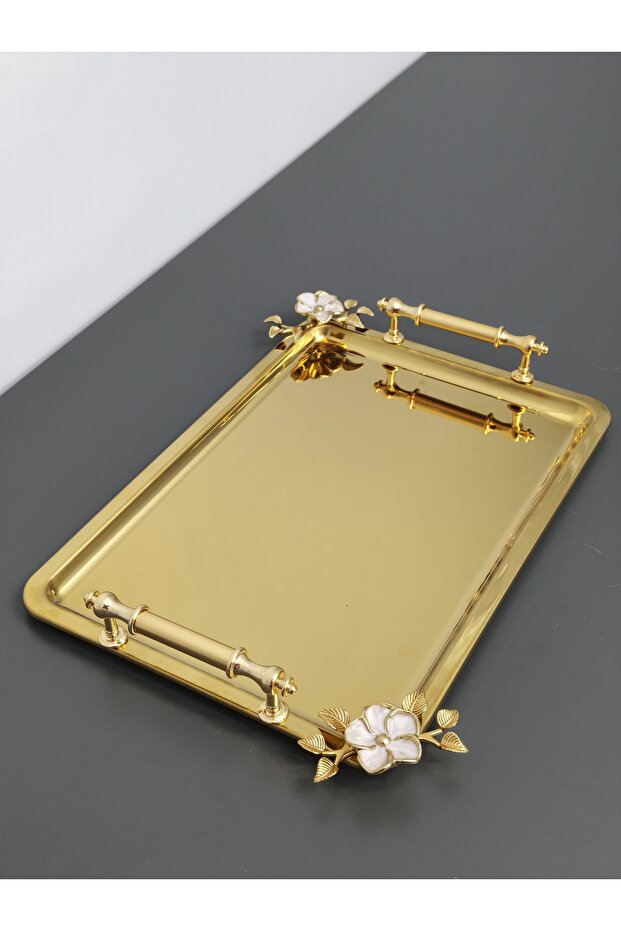 Figured, Metal-Handled, Stainless Steel Rectangular Tray Luxury Presentation Tray North Gold