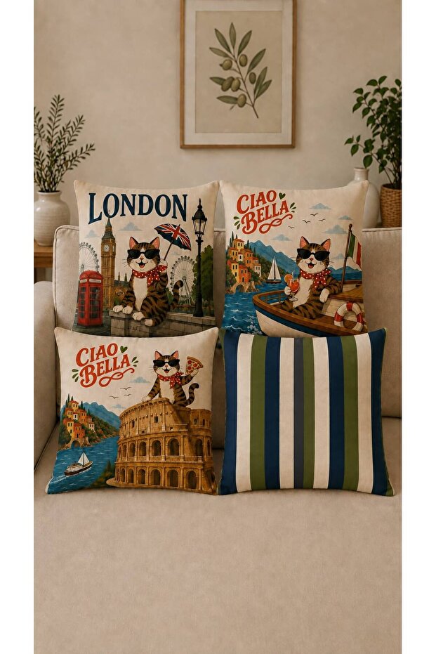 Set of 4 European Cities Themed Digital Printed Decorative Throw Pillow Covers
