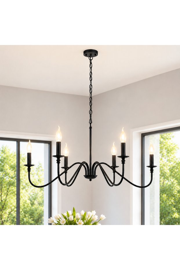 6‑Light Vintage Black Metal Candle Chandelier, Adjustable Chain, Decorative Pendant Light for Living Room Dining Room Bedroom