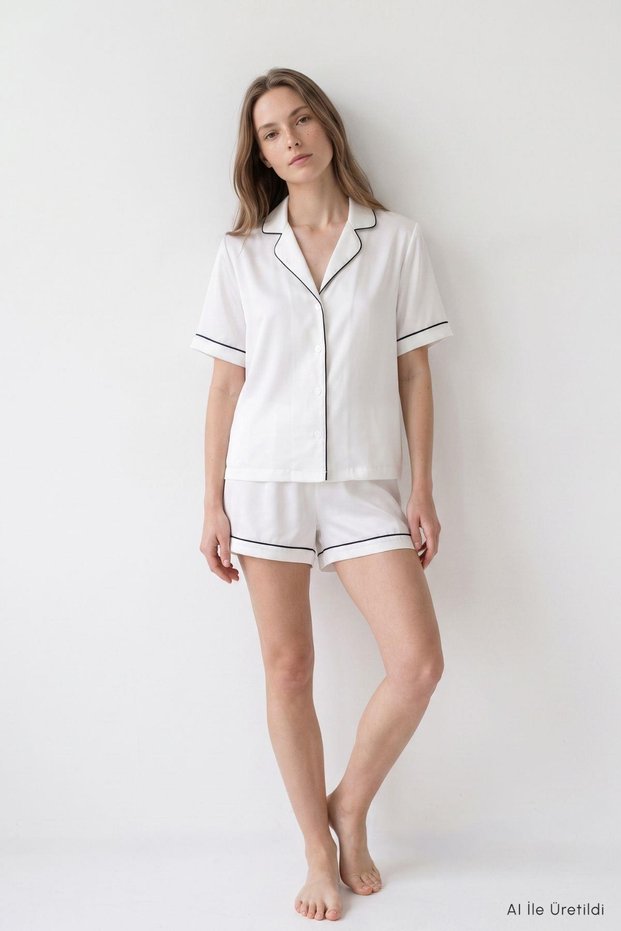 Set pantaloni scurți cu guler tip cămașă 8600A Alb