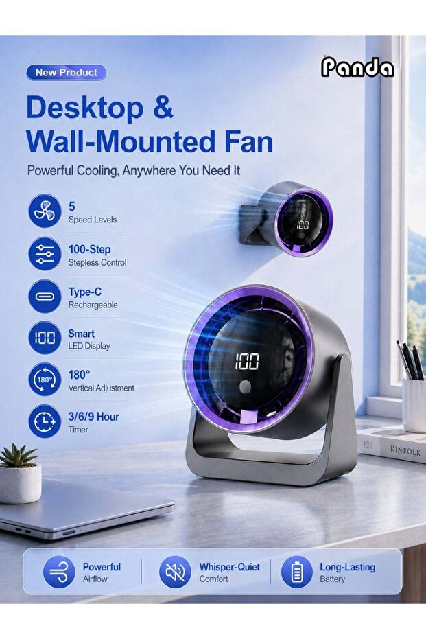 Desktop Fan, Portable High-Speed Mini Desk Fan with LED Display, 3/6/9 Hour Timer, 5 Levels, 100 Wind Speeds, Suitable for Office, Home, Dorm, Travel (Purple)