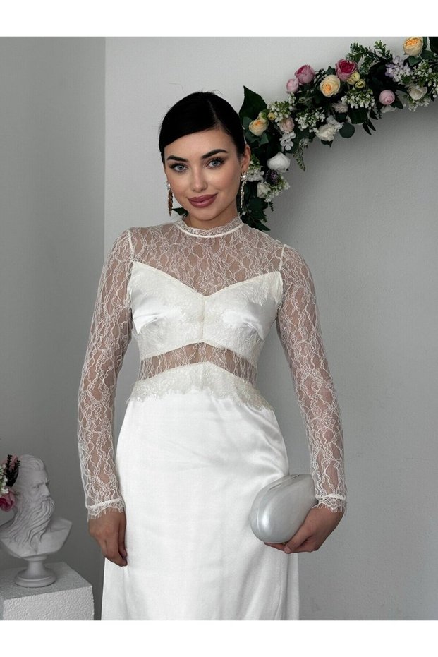Women's Ecru Midi Dress with Lace Transparent Detail Satin Long Sleeve Evening Dress