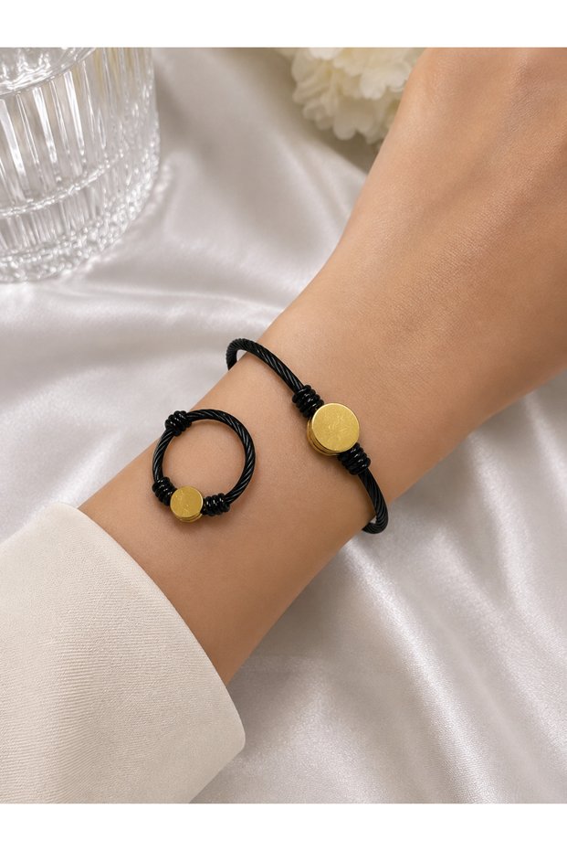 Black Gold Rope Design Round Detailed Steel Handcuff Bracelet – Modern Unisex Bracelet