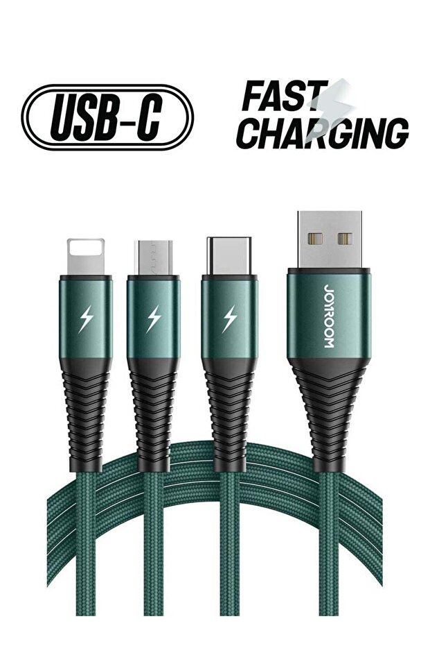 Fast Charging Braided 3 In 1 USB Cable Green