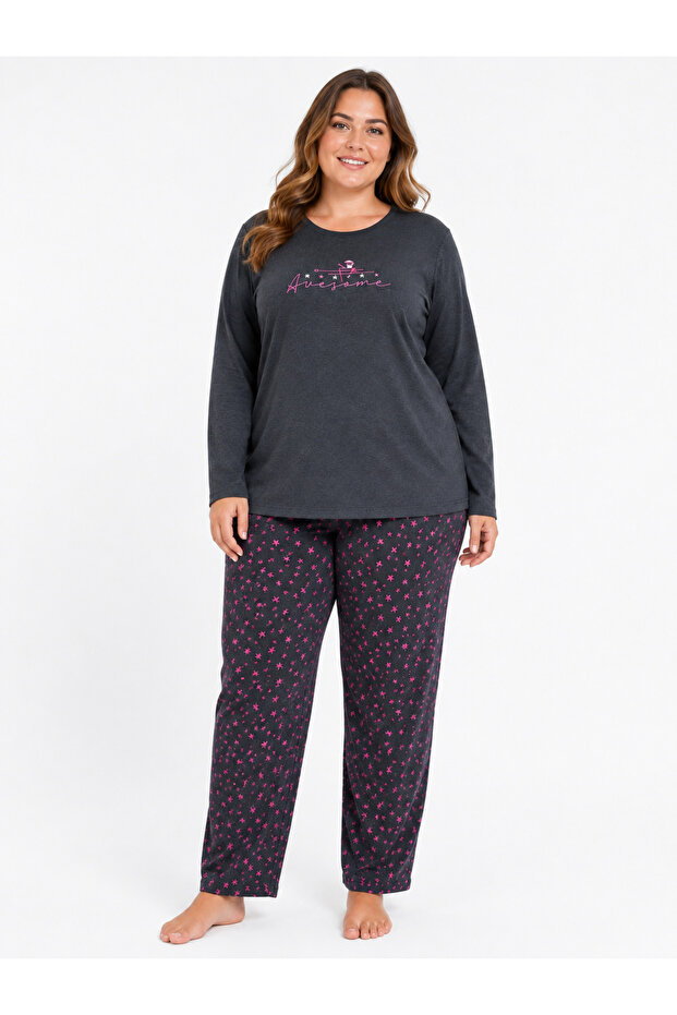 Plus size women's seasonal long sleeve awesome anthracite pajama set