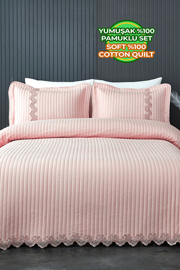 Lace Quilted Bedspread Double Size 100% Cotton Fiber Filled Soft Powder 240 X 250 cm
