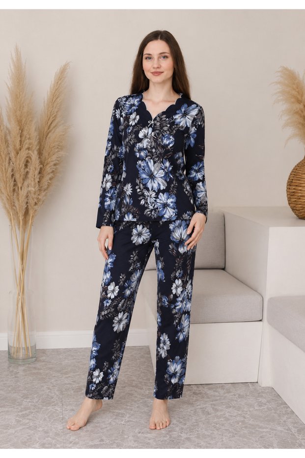 Women's Plus Size Floral Patterned Long Sleeve Pajama Set with Embroidered Collar Detail, Oversized Size, 2-Piece Model, Combed Cotton Trim, V-Neck, Comfortable Fit, Home Wear, Dowry Homewear