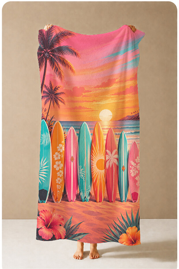 Retro Tropical Surfboards Sunset Patterned 70X150 Beach Towel - Cotton Bath Towel