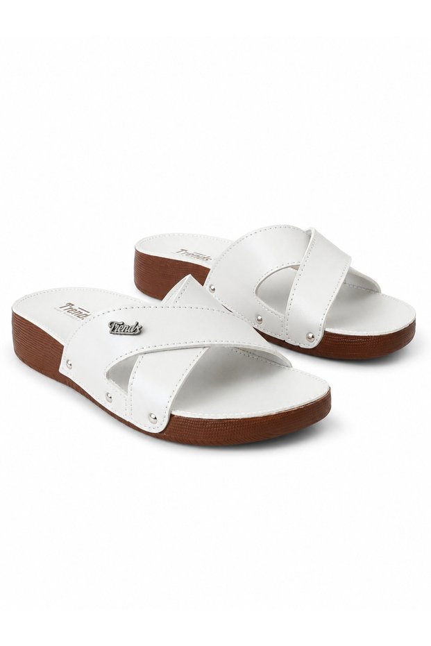 Women's White Cross-Strapped Thick Sole Daily Comfortable Summer Slippers