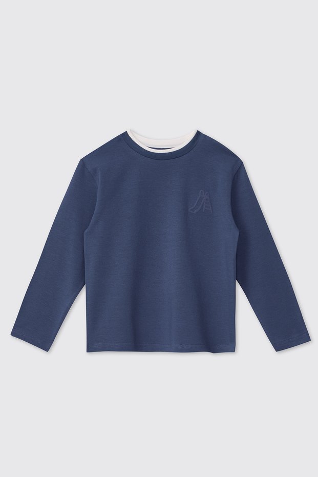 Baby Boy Long Sleeve Indigo T-Shirt with Collar and Piping Detail
