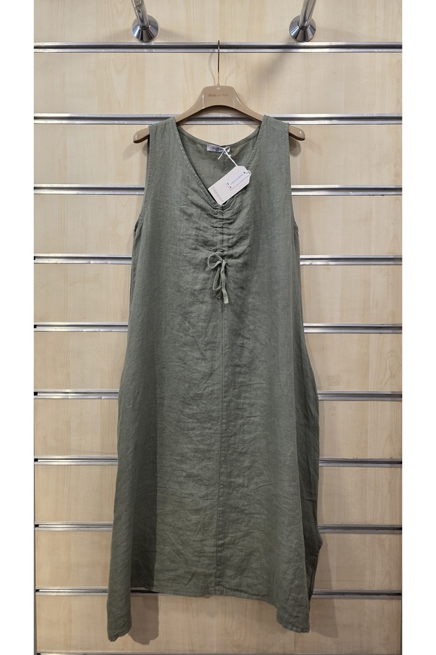 Italian Sleeveless Linen Dress with Gathered Collar