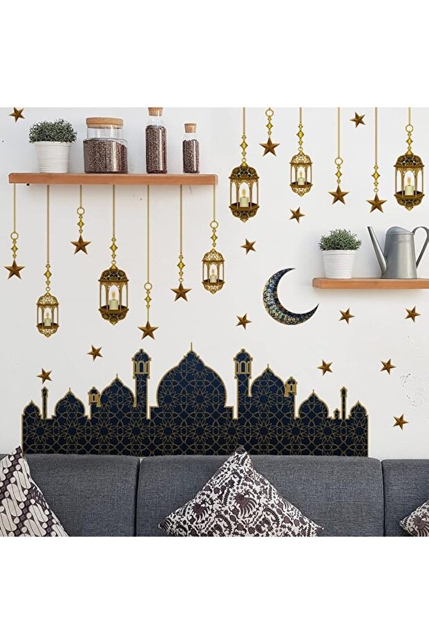 ملصقات نوافذ رمضان مبارك، ملصقات جدارية على شكل فانوس وقمر ونجمة، مستلزمات حفلات العيد الإسلامية