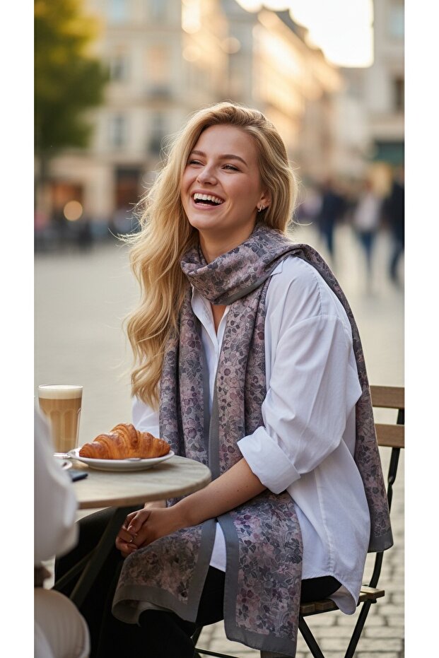 Gray Powder Floral Patterned Women's Shawl Dense Floral Pattern Daily Women's Shawl