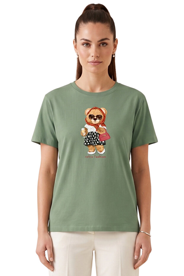 Women's Çağla Retro Teddy Bear Printed T-Shirt Comfortable Fit 100% Cotton