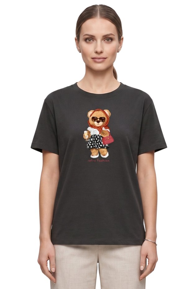 Women's Smoked Retro Teddy Bear Printed T-Shirt Comfortable Fit 100% Cotton