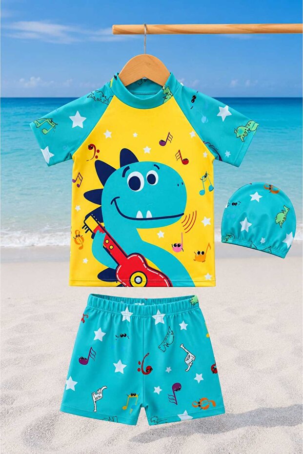 Boys' Swimwear Set – Patterned T-Shirt, Shorts and Swim Cap 3-Piece Sea Pool Set