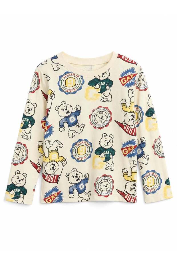 Gap Baby Boy Crew Neck Teddy Bear Printed Cotton T-Shirt 0-6 Years Beige