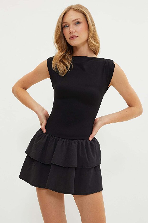 Layered Skirt Boat Neck Mini Dress