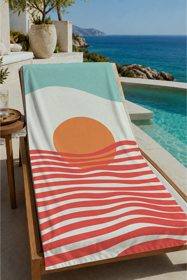 Mint Cream Orange Sunset and Striped Patterned 70X150 Beach Towel - Digital Printed Fade-Resistant Bath Towel
