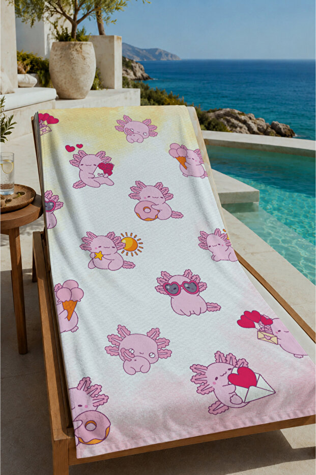 Pastel Pink Yellow Cute Floral Characters Patterned 70X150 Beach Towel - Digital Printed Fade-Resistant Bath Towel